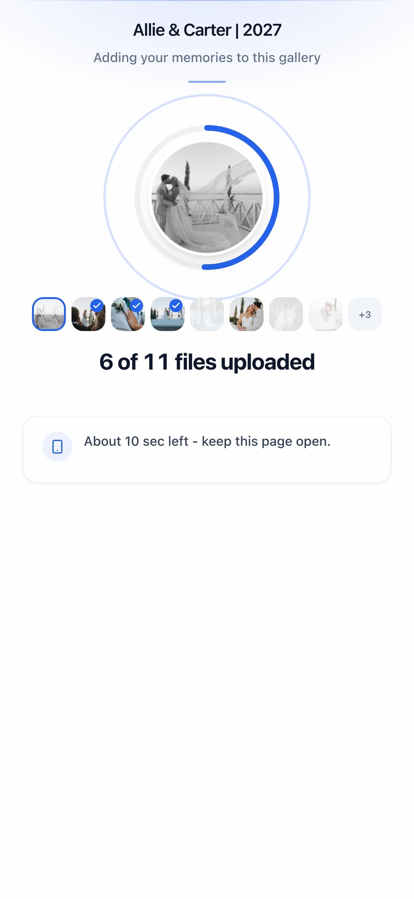 Upload progress on a phone showing multiple wedding photos uploading