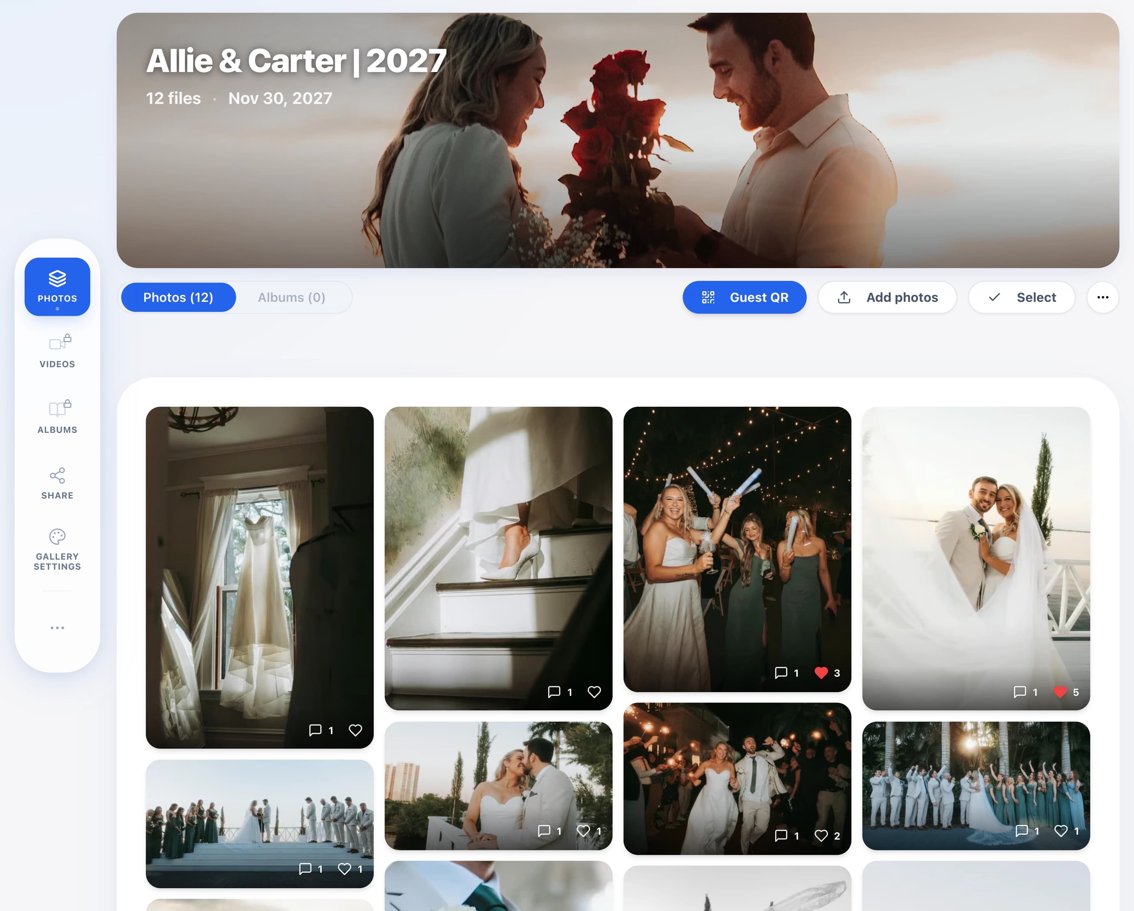 Gallery grid with heart like counts on guest photos