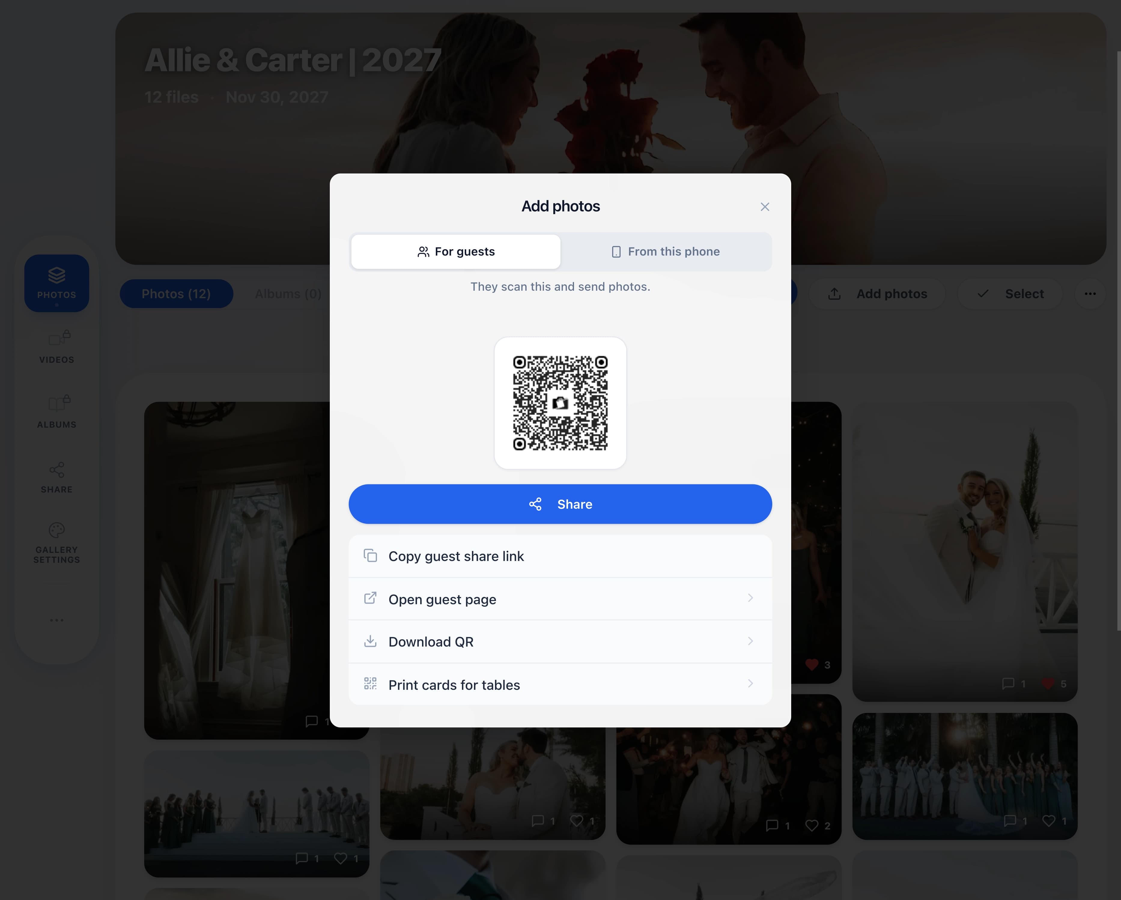 Add photos window with guest QR code and share options