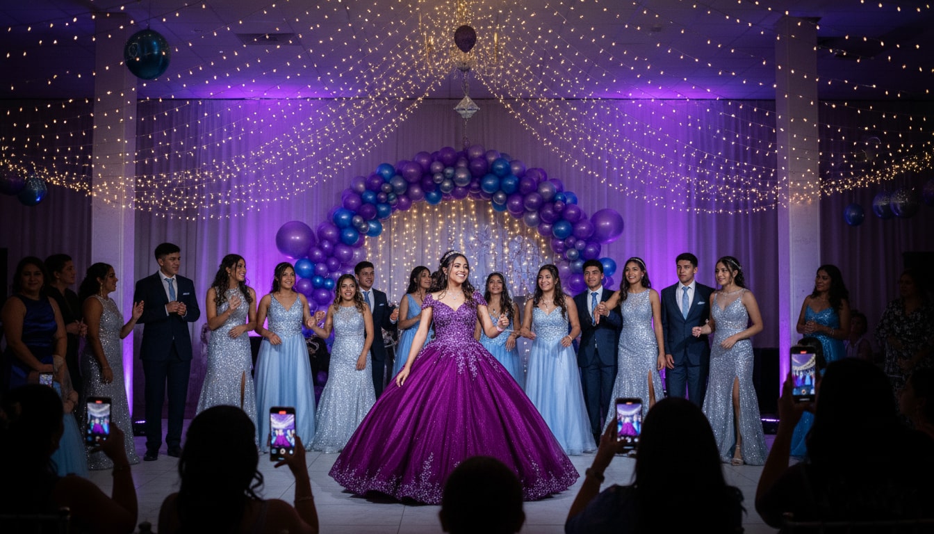 Una quinceañera celebrando su día especial compartiendo fotos con familiares y amigos
