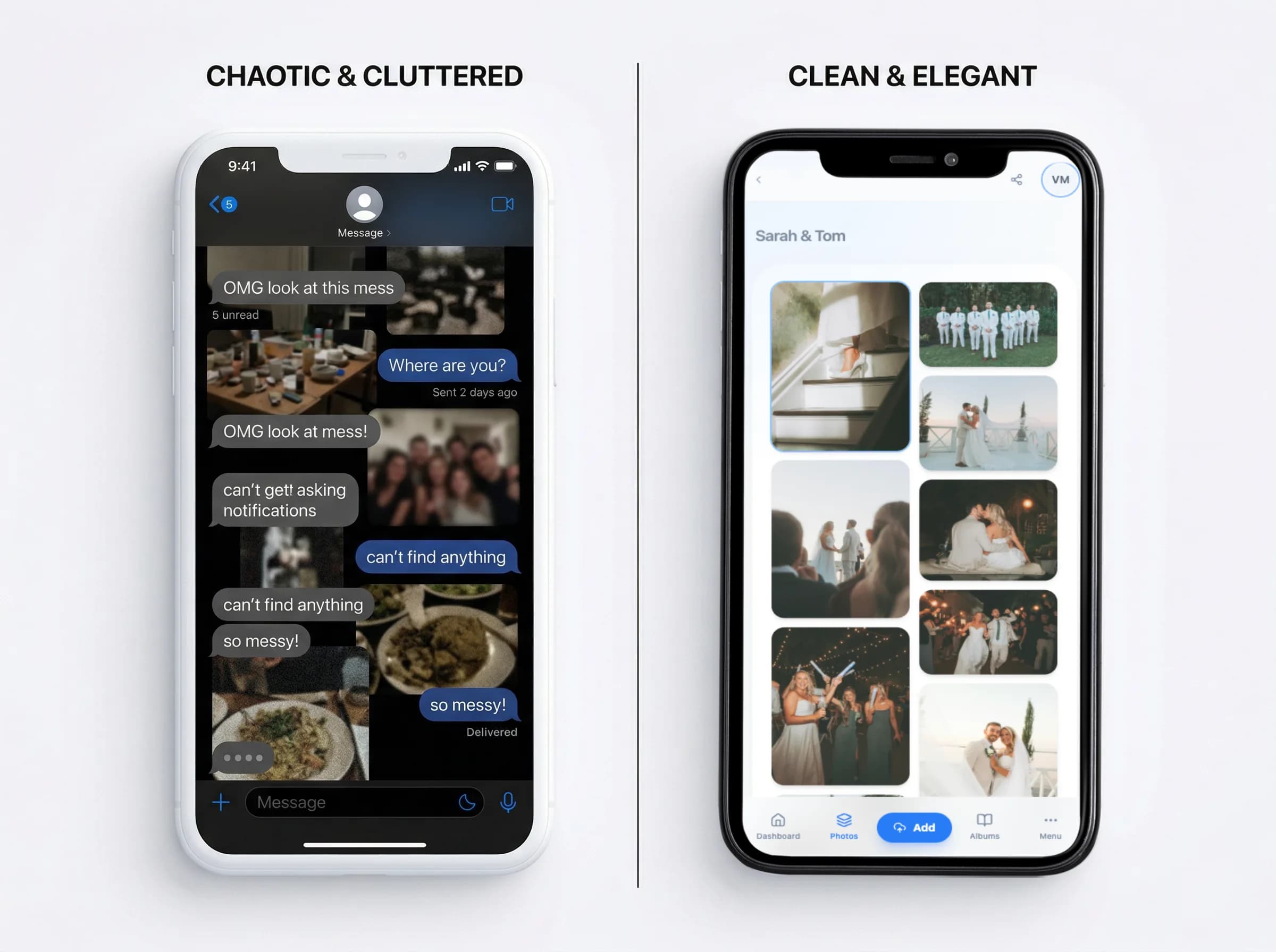 Uma comparação de feeds confusos de redes sociais contra uma galeria digital de fotos limpa e organizada