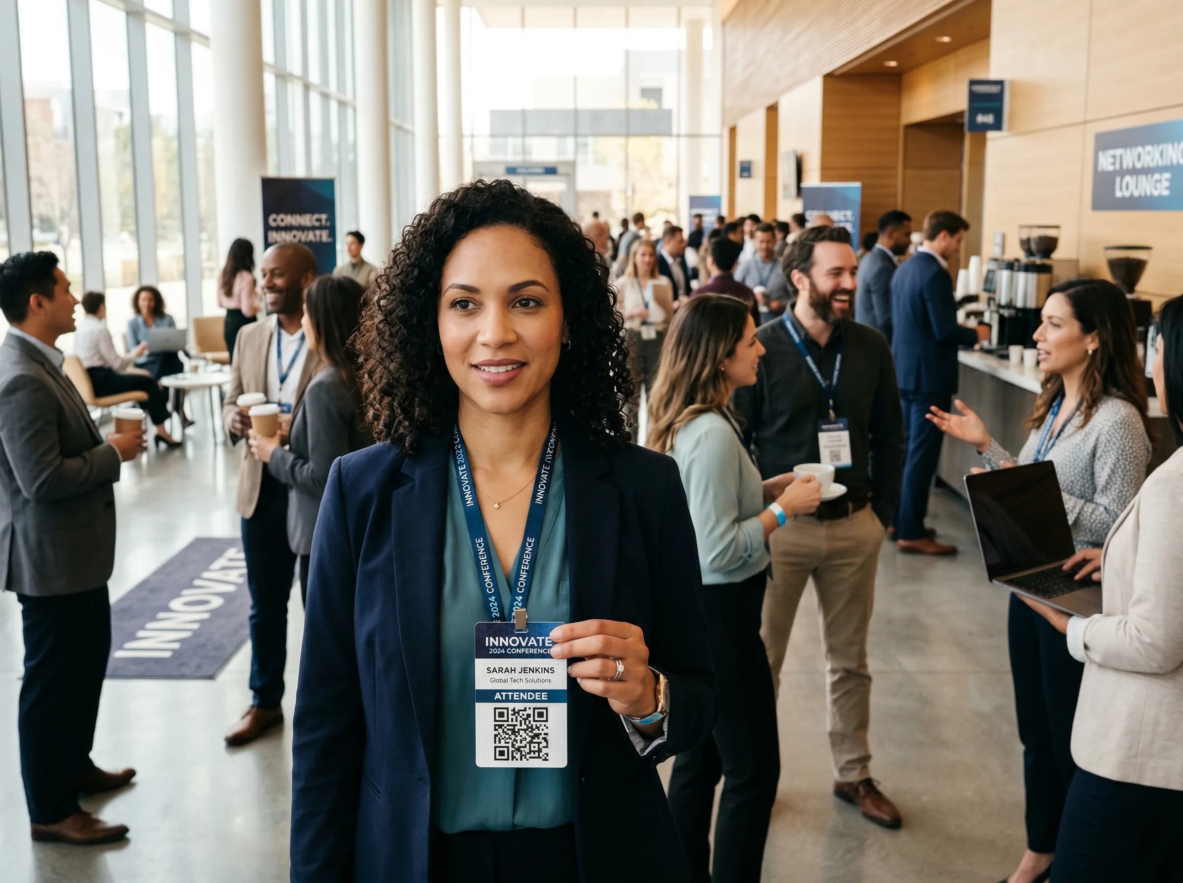 Crachá de participante de evento corporativo com um código QR personalizado para compartilhamento de mídia