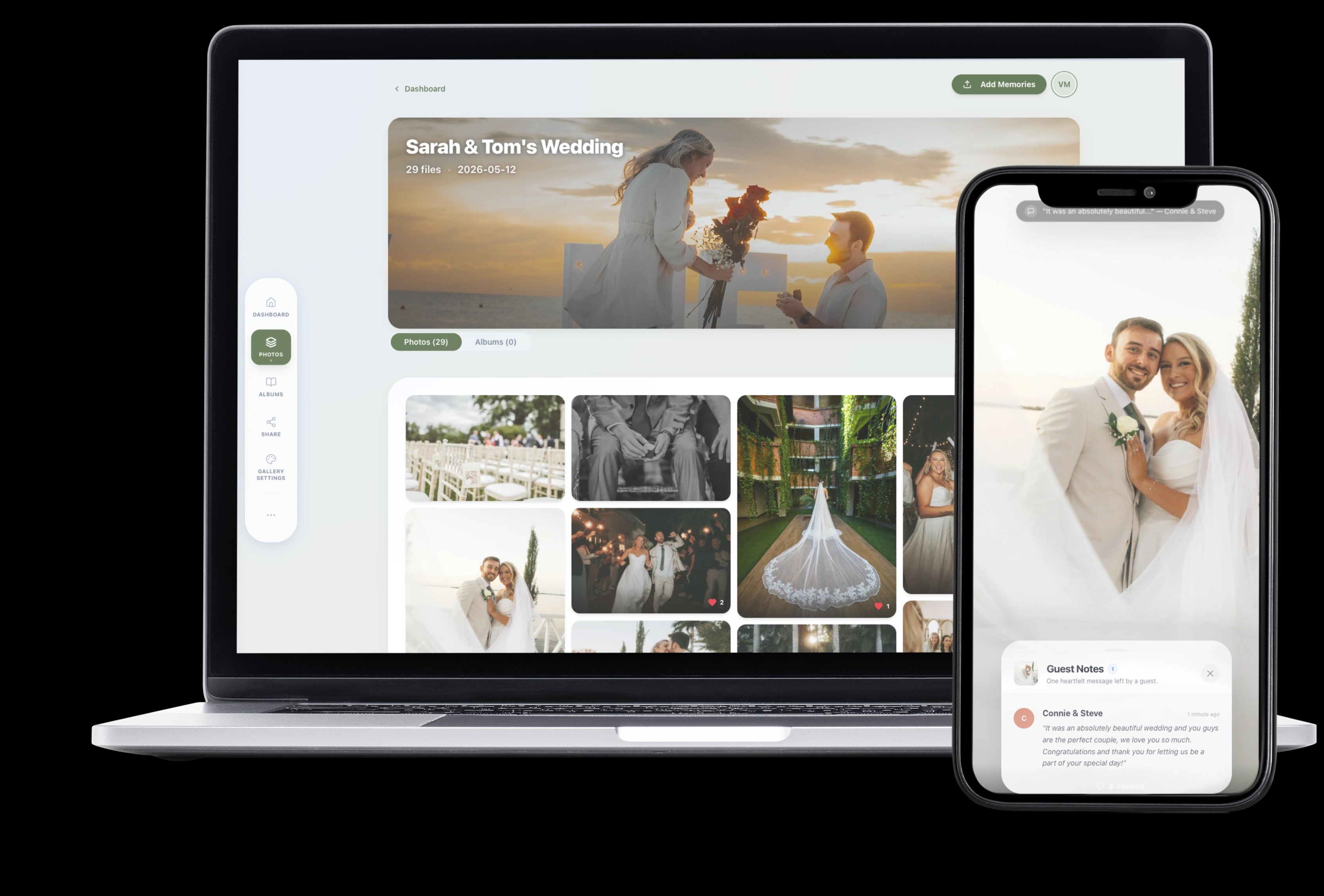 InvitePix photo gallery displayed on multiple devices including a smartphone and tablet, showing guests scanning a QR code to upload