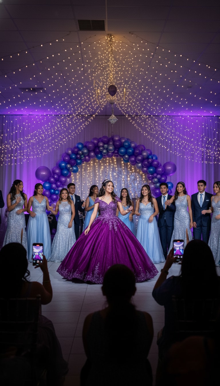 Una quinceañera celebrando su día especial compartiendo fotos con familiares y amigos